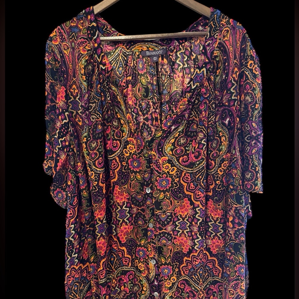 EC Roaman's Multicolor Floral Short Sleeve Button Front  Blouse Size 36W
